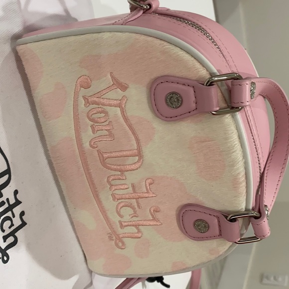 Von Dutch Handbags - Von Dutch Pink & White Cow Print Small Bowling bag